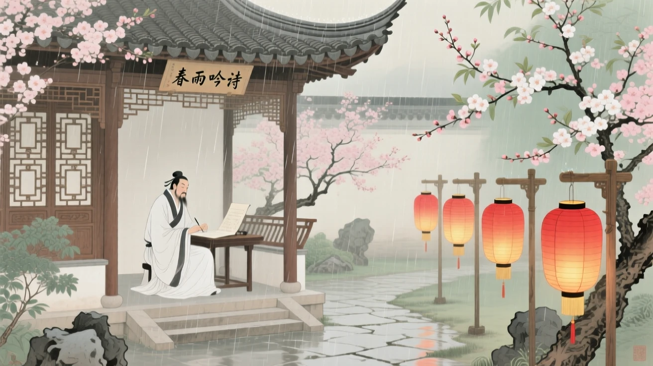 A poet composing verses beneath a pavilion during a spring rain, with lanterns lighting the path ahead