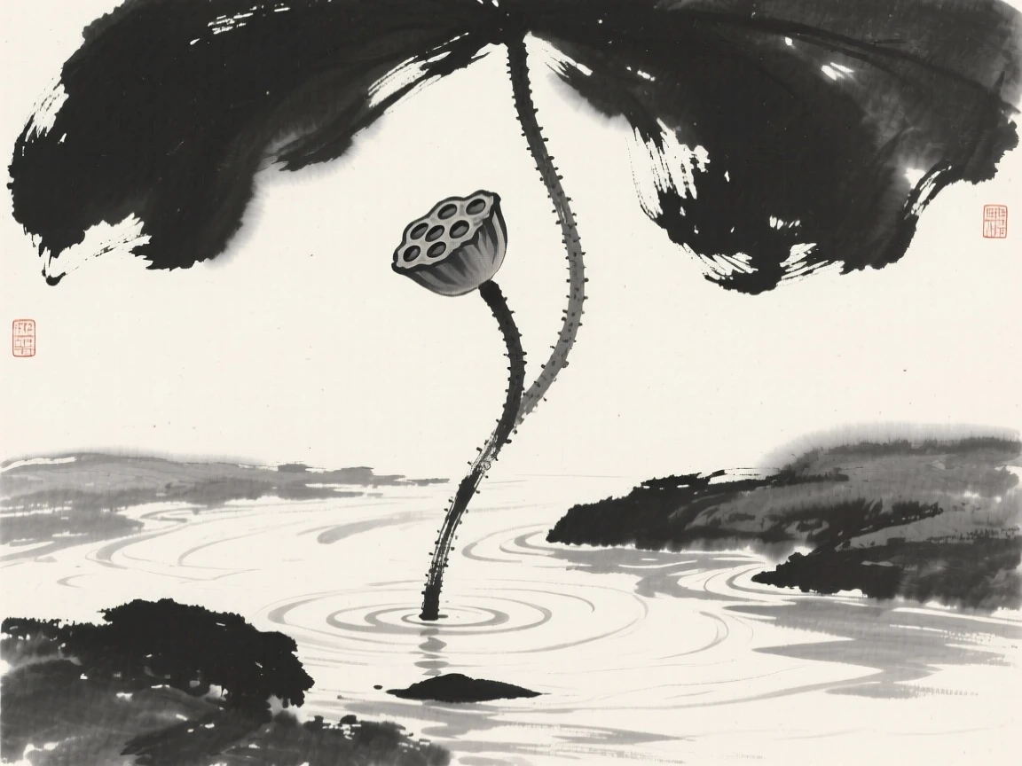 A solitary lotus pod rising above still water along the bank of a slow-moving stream, seen from a low angle looking upward, conveying gentle stillness and natural harmony.