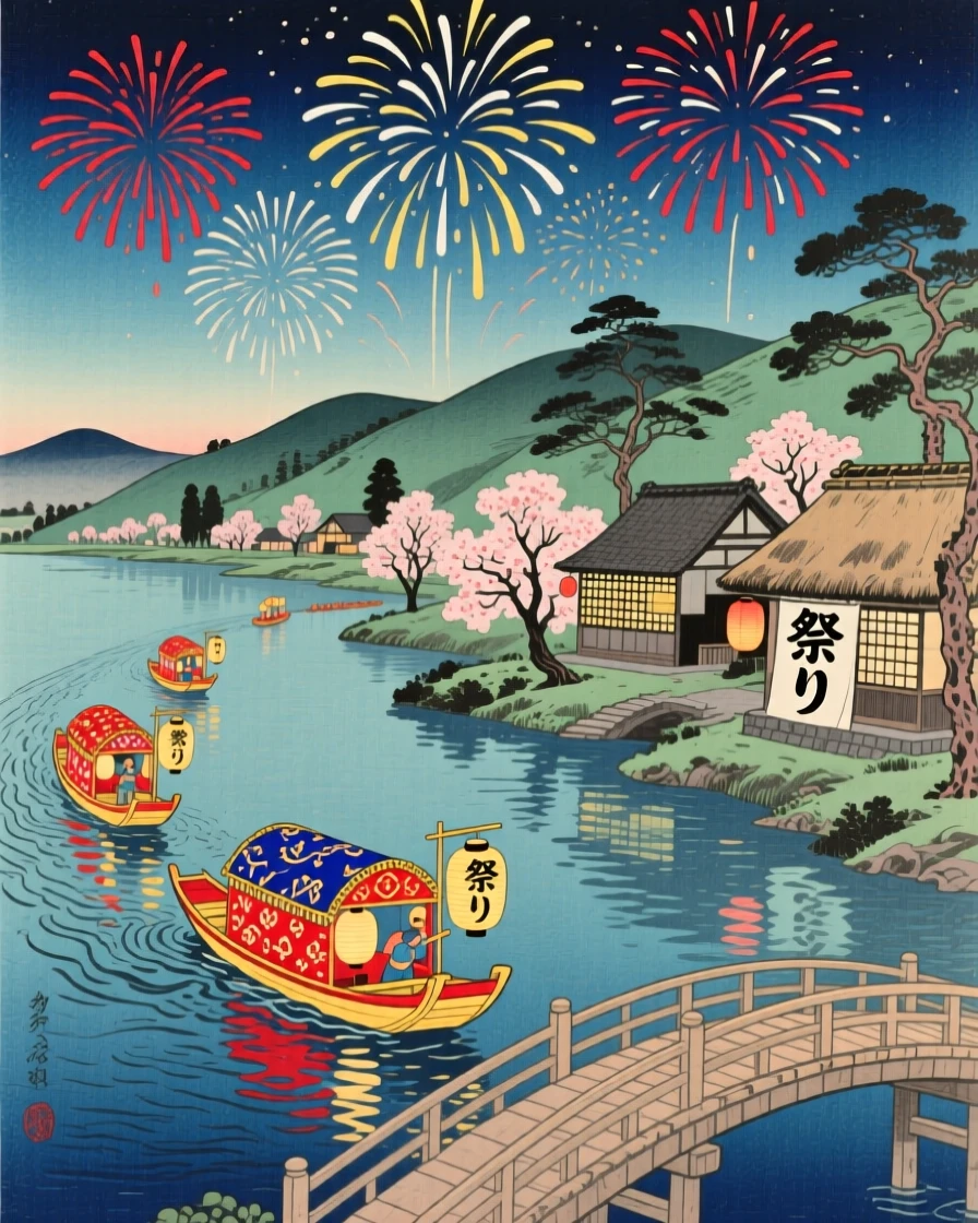 Fireworks over a calm lake racing brightly decorated boats down a river.