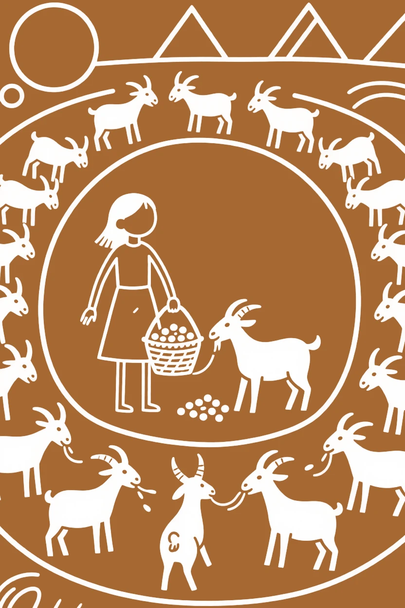A girl and her pet goat feeding a herd of goats together.