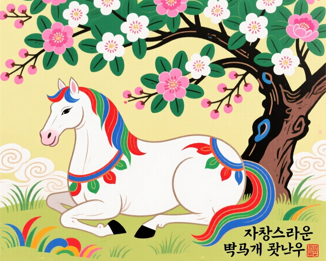 A proud white horse resting under a blossoming tree.