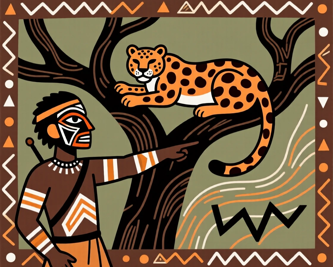 A wildlife tracker pointing out a leopard resting in a tree.