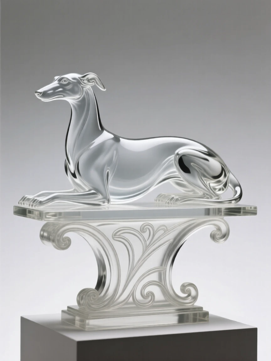 An elegant greyhound reclining regally posed elegantly atop a decorative pedestal, finished with graceful, flowing lines, stirring a sense of understated opulence.