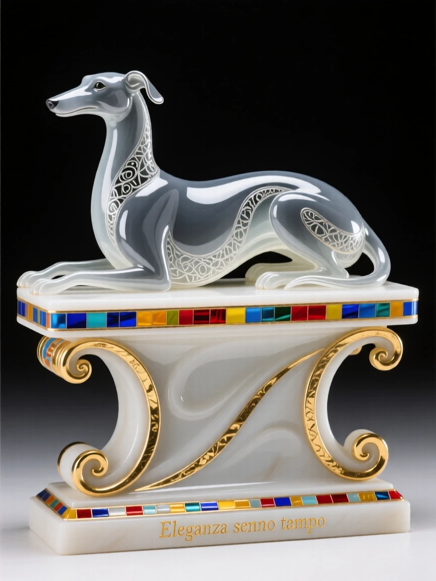 An elegant greyhound reclining regally posed elegantly atop a decorative pedestal, finished with graceful, flowing lines, stirring a sense of understated opulence.