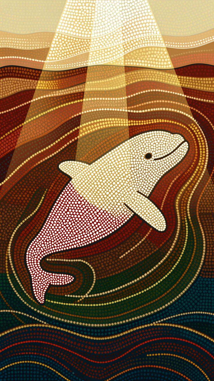 A beluga whale gliding past sunlit ocean depths