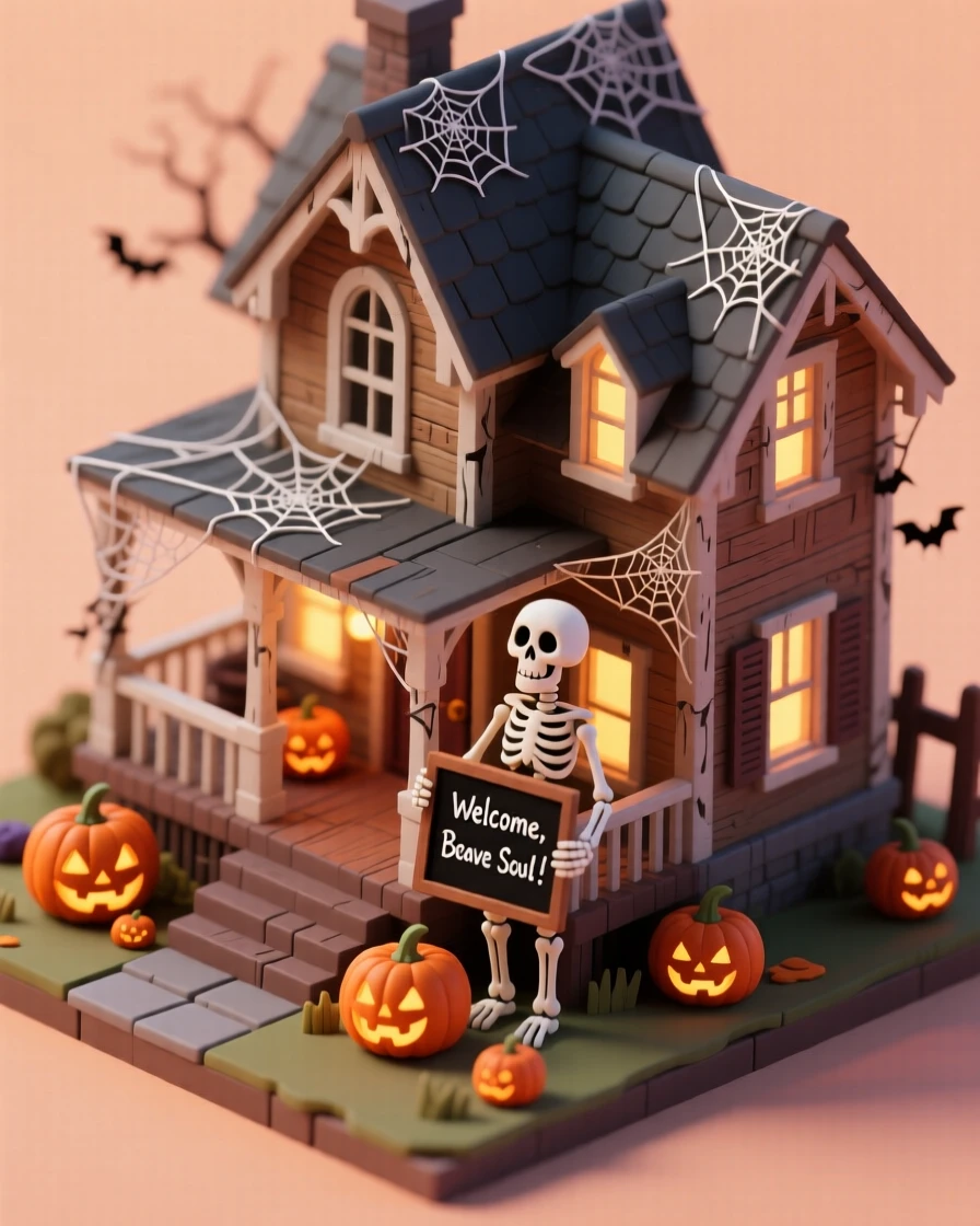 A Halloween haunted house scene with cobwebs draped over a porch, glowing jack-o'-lanterns, and a skeleton greeting visitors.