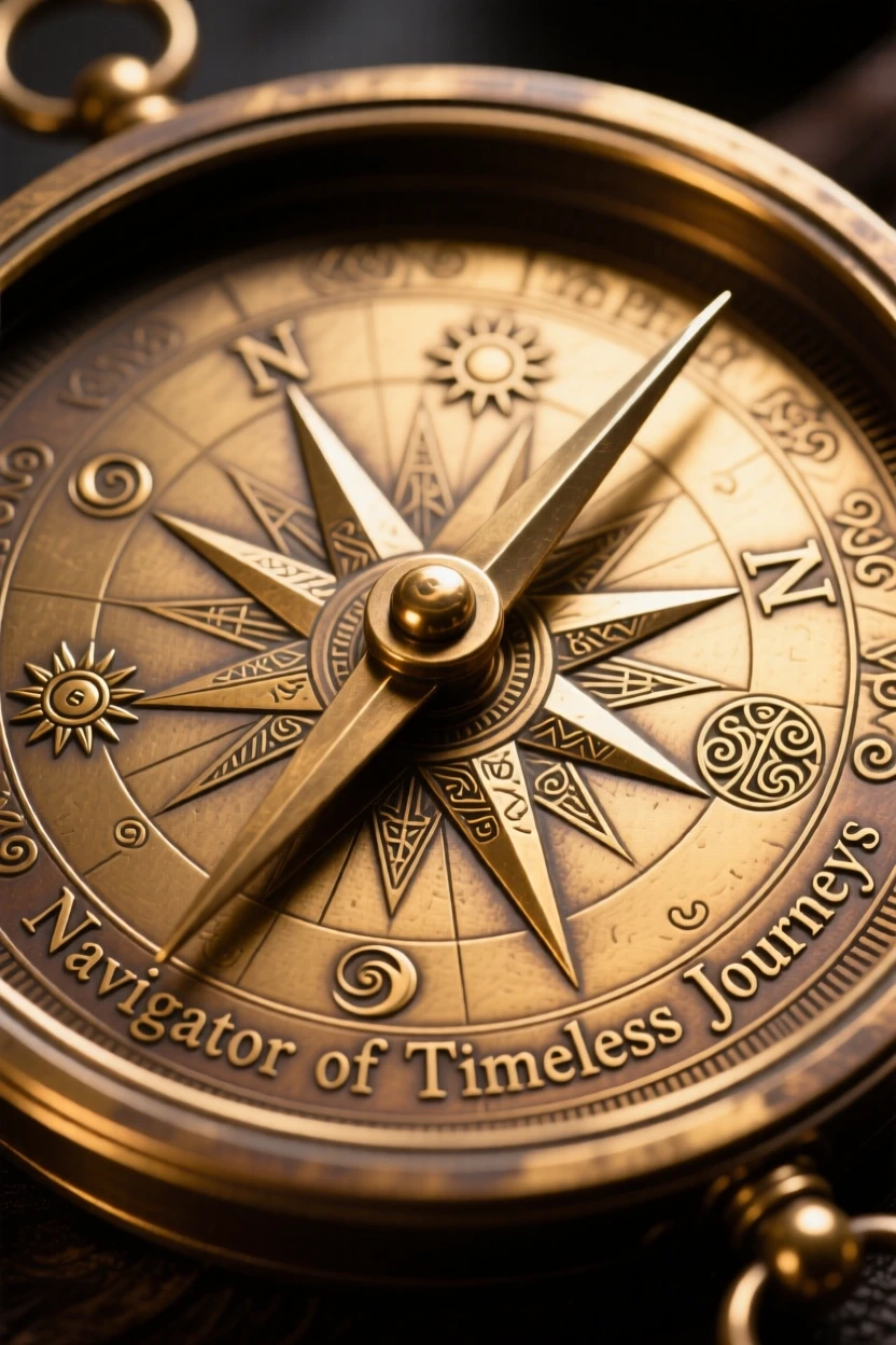 An antique brass compass etched with ancient symbols, capturing a sense of timeless luxury, radiating elegance and refinement