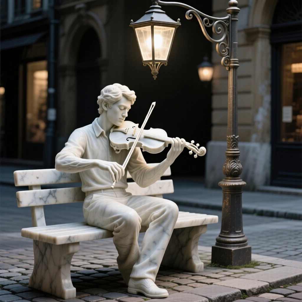A vivid, emotionally rich scene of a violin player performing beneath a streetlamp, in a moment of quiet stillness, designed to captivate and inspire