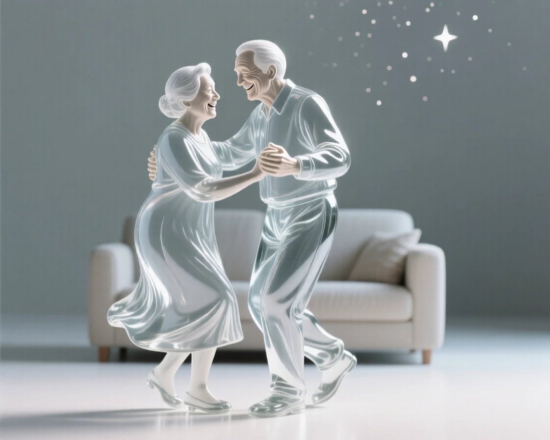As the first stars begin to appear overhead, an elderly couple dancing slowly together in their living room, while their laughter carries softly on the breeze