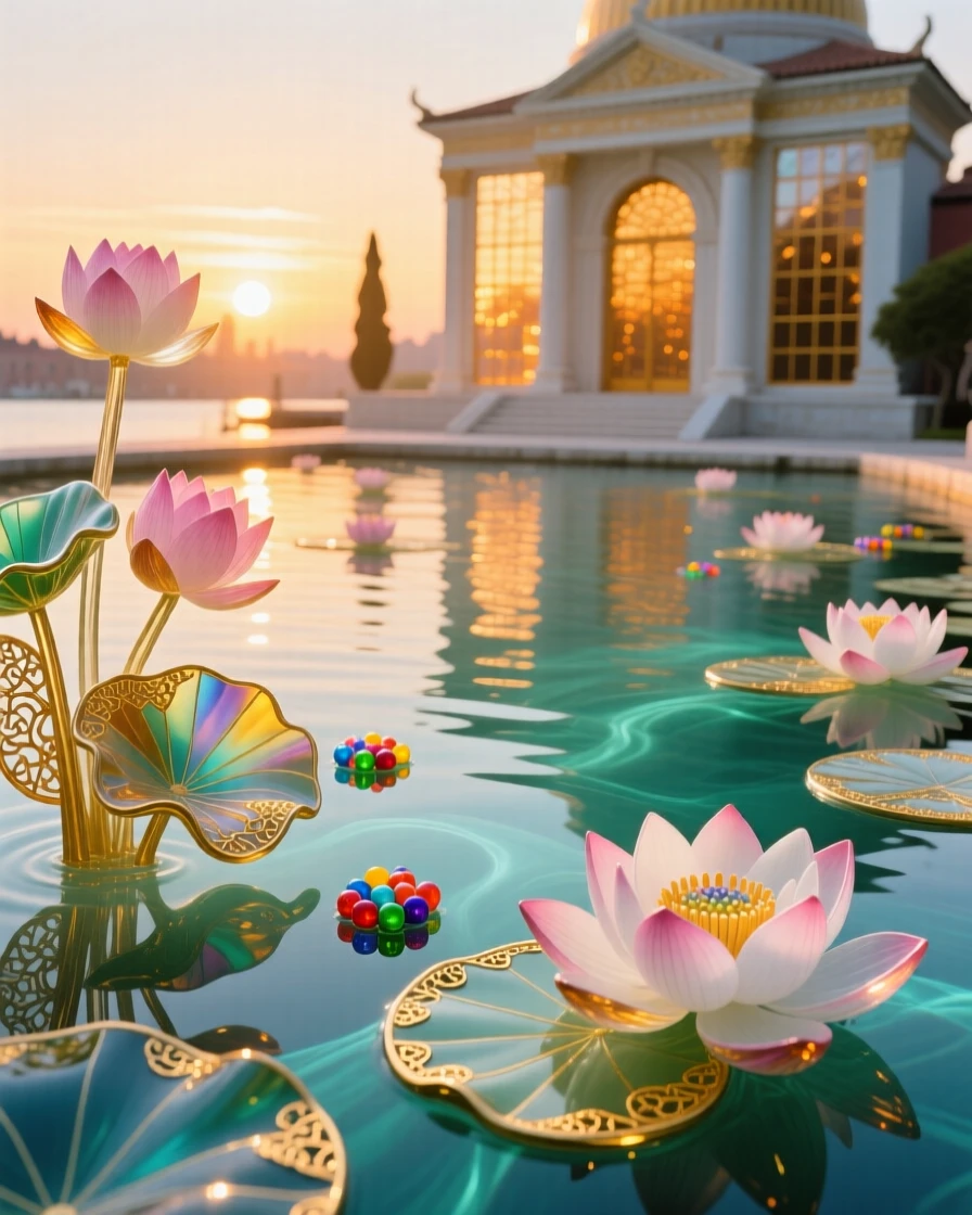 A grand temple pond filled with blooming lotus flowers at sunrise, sacred and serene.