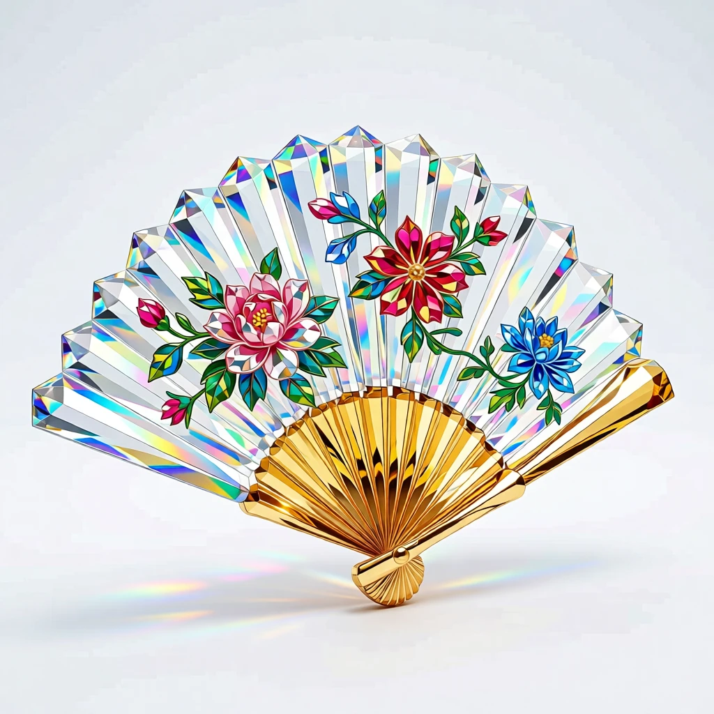 An ornate gold hand fan opened to reveal delicate painted floral patterns.