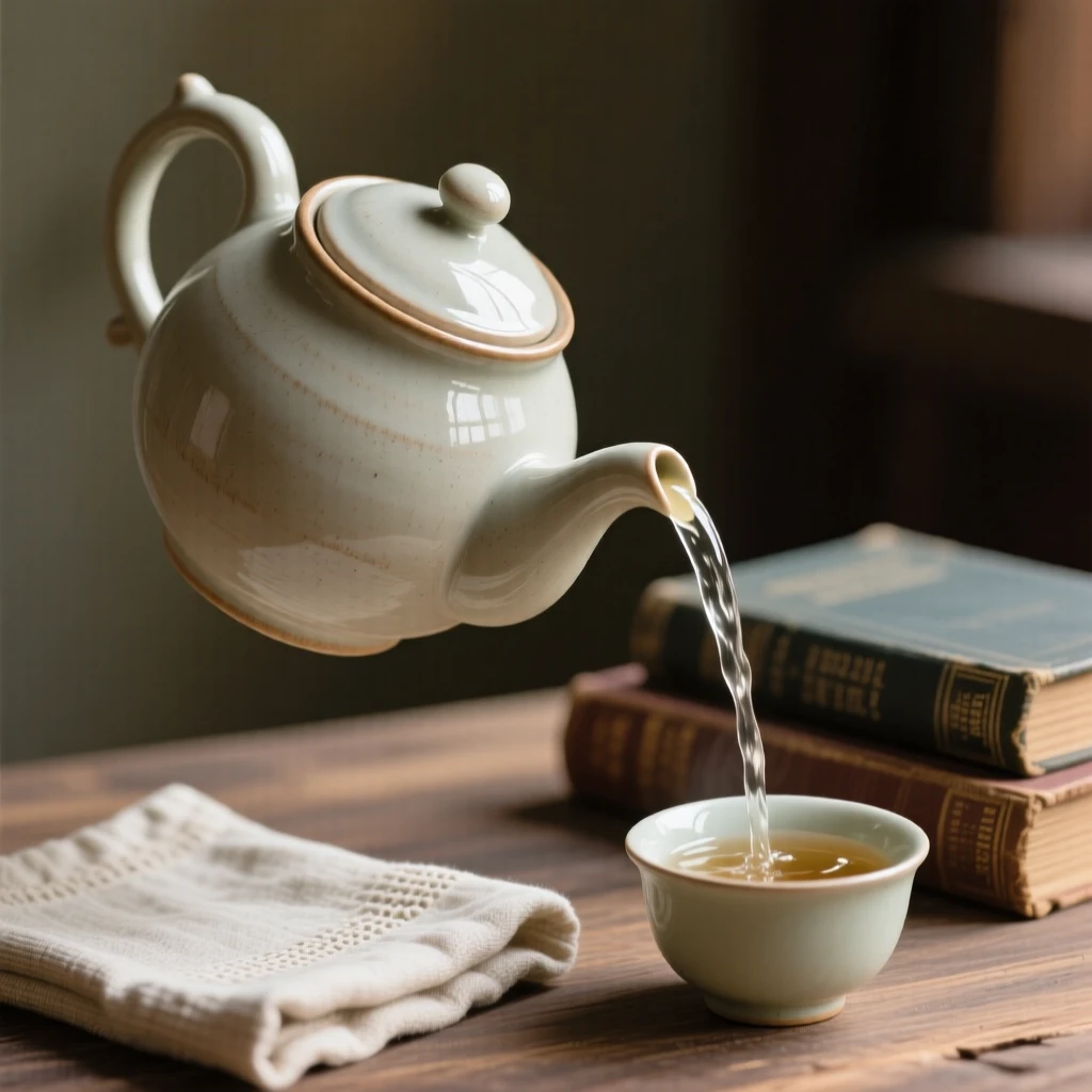 A classic teapot pouring a graceful stream captured mid-use in a nostalgic tableau, framed by a scattering of small complementary props, stirring fond memories of simpler times.