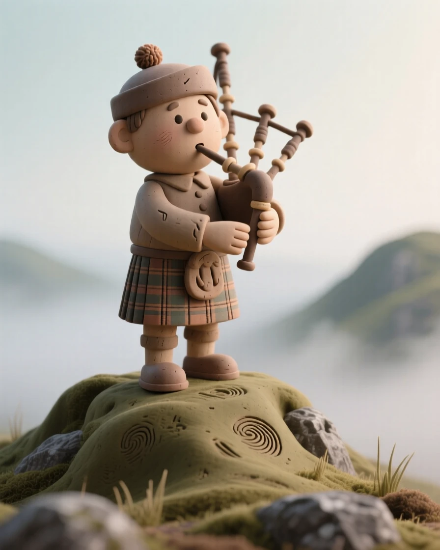 A traditional Scottish bagpiper playing atop a misty highland hill