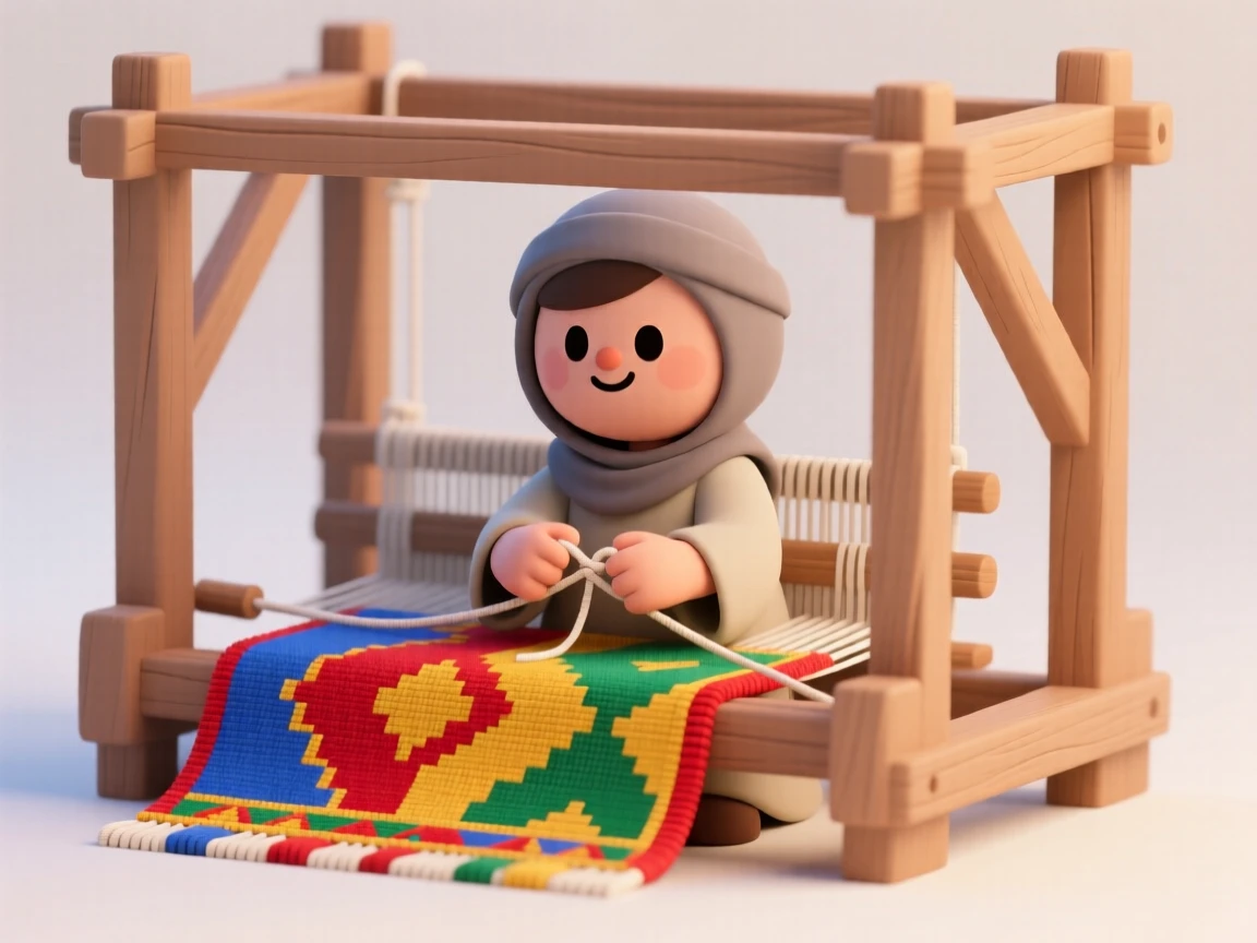 A proud Moroccan rug weaver ties intricate knots into a colorful carpet on a large wooden loom.