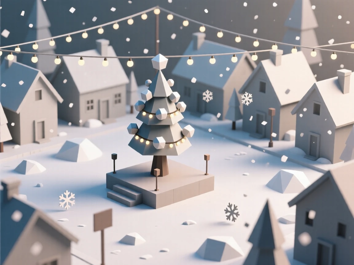 A quiet snowy village square lit with string lights, as snow gently falls. the composition centers on the main celebratory focal point. The scene feels warm and celebratory.