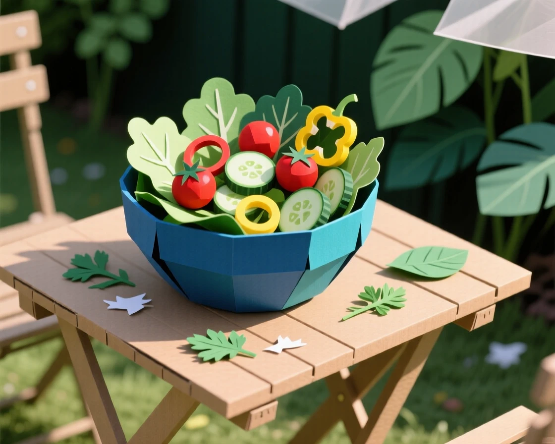 A vibrant bowl of fresh salad served at an outdoor garden table, with soft natural light highlighting rich colors, evoking cozy, homemade charm.