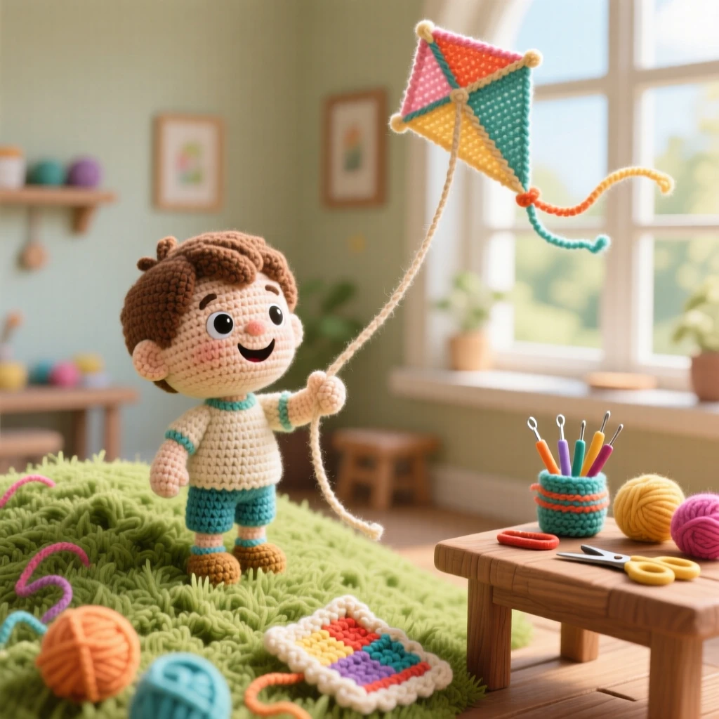 A cheerful scene of a small boy flying a kite on a windy hill with a bright grin, watching the kite dance high above within a sunlit studio with large windows; a scattering of craft supplies on the table nearby, full of focused determination and quiet pride.