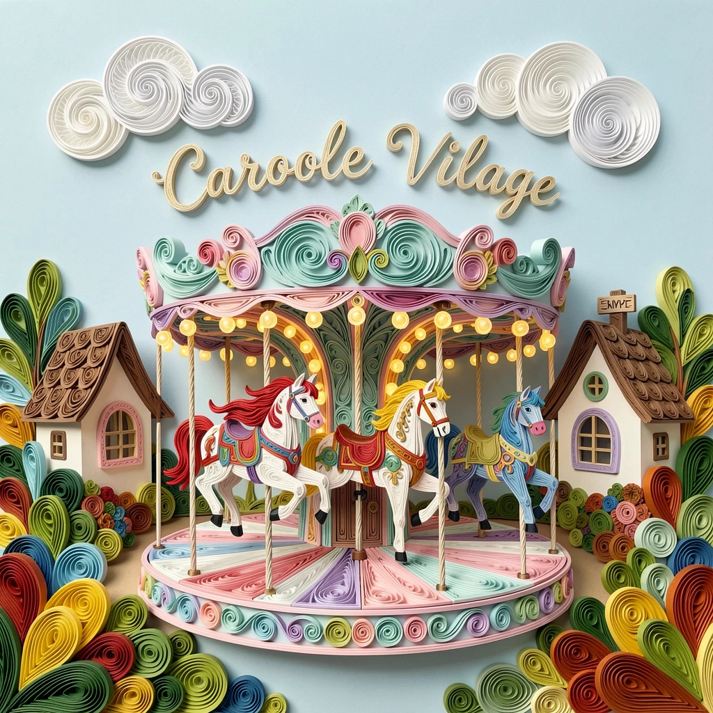 A whimsical children's scene of a carousel with painted horses spinning under lights in a whimsical storybook village, with soft fluffy clouds drifting by, composed with playful, bouncy rounded shapes throughout.