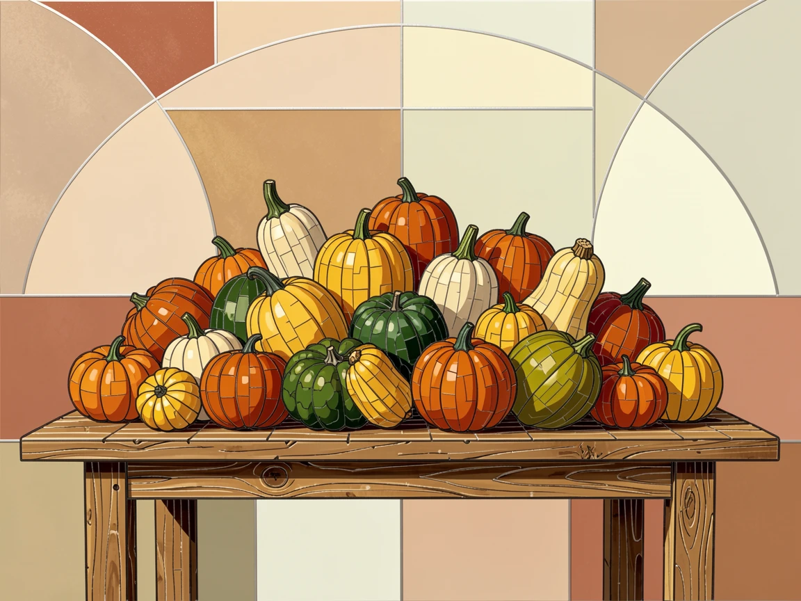 A rustic farmhouse table piled high with autumn squash and gourds.