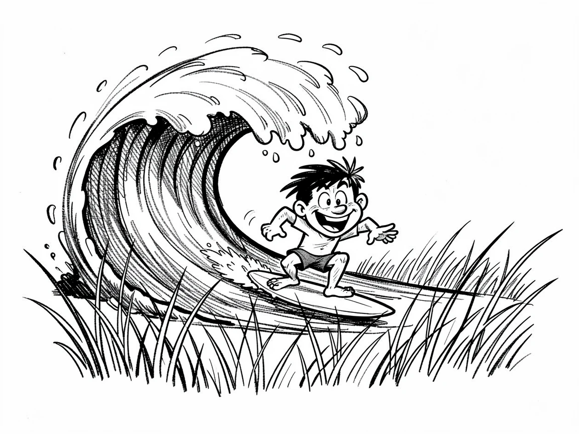 A surfer riding a curling ocean wave on a sunlit grassy field.