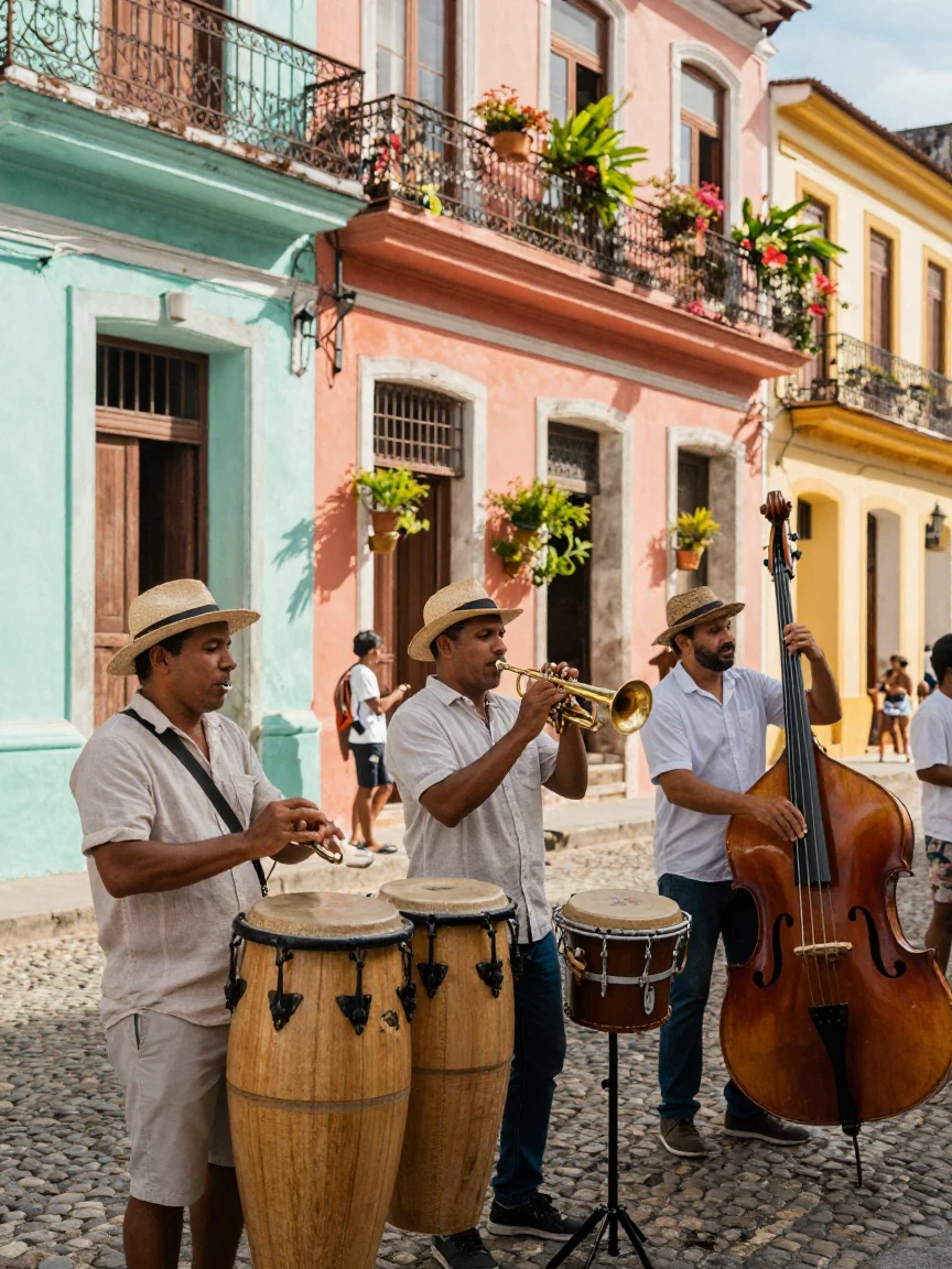 A Cuban street band playing under colorful colonial balconies