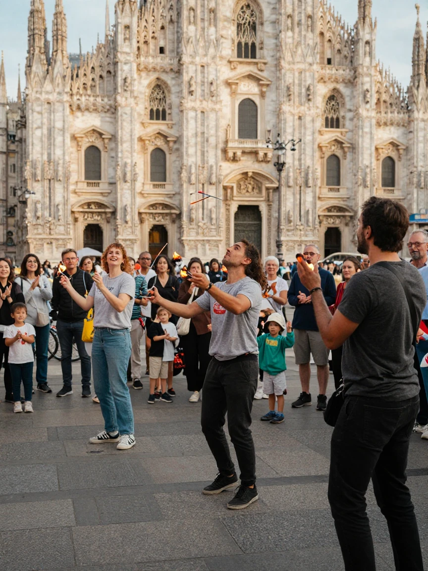 A crowd watches street performers juggle in the shadow of a grand cathedral facade.