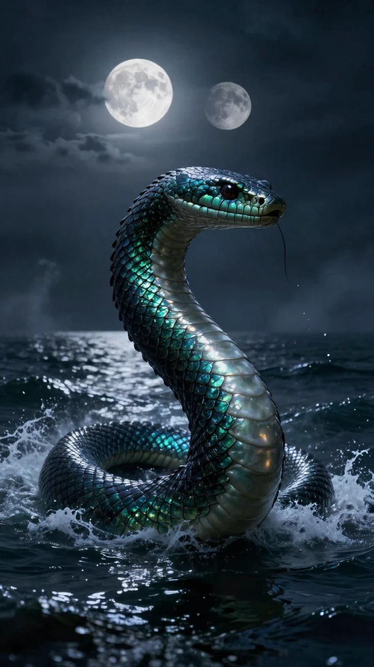 A sea serpent coiling through dark waters standing beneath a sky filled with twin moons