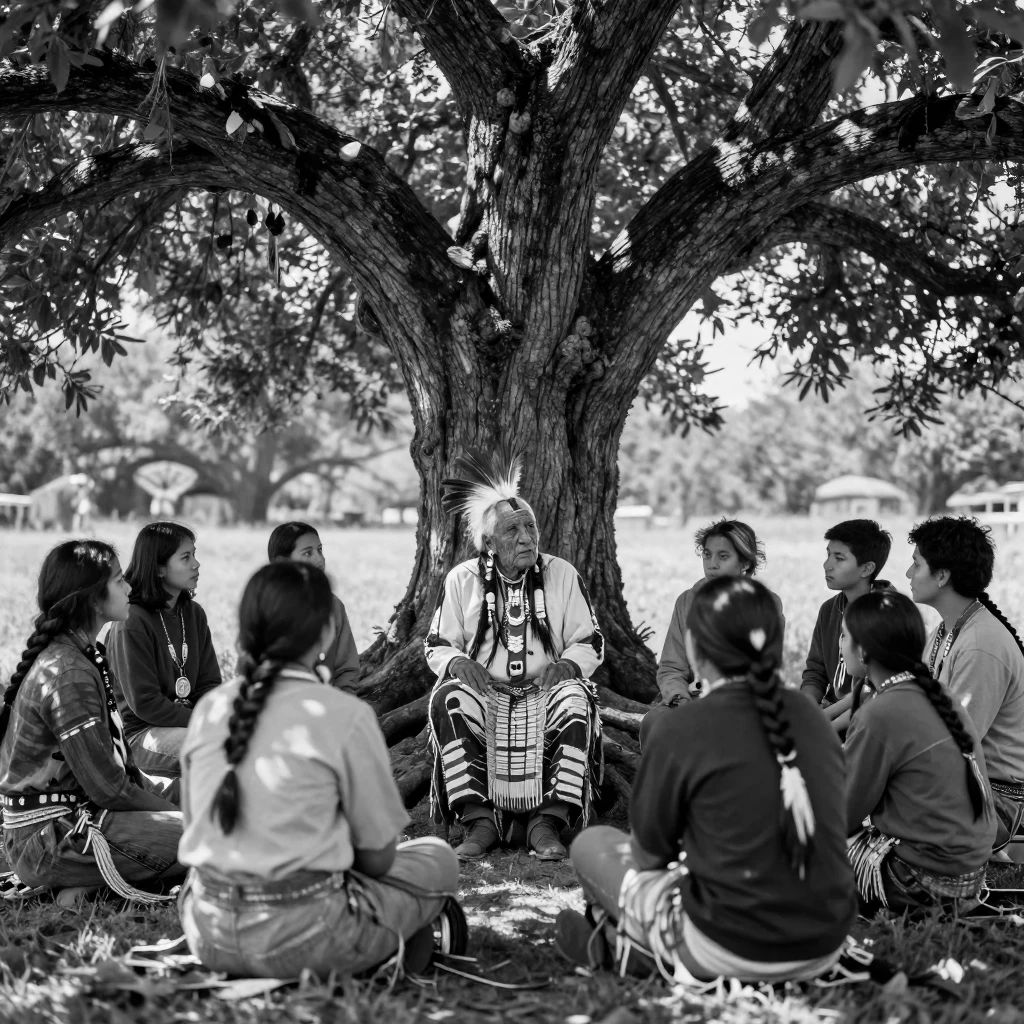 A tribal elder shares wisdom with the younger generation under the shade of an ancient tree.