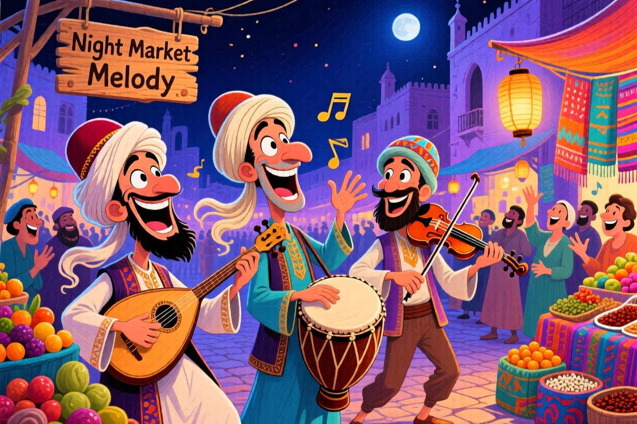 Traditional Moroccan musicians performing in a bustling market square at night.