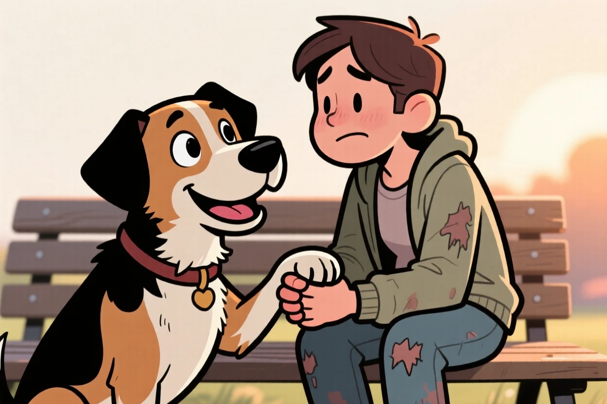 A heartwarming moment depicting a rescued shelter dog offering a kind gesture to someone in need, with hands clasped tightly together.