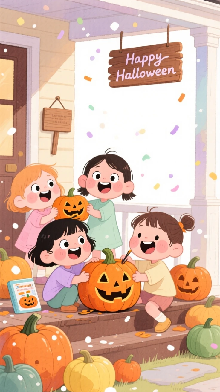 A joyful celebration scene of children carving jack-o-lanterns on a porch surrounded by pumpkins, sparkling with celebratory energy