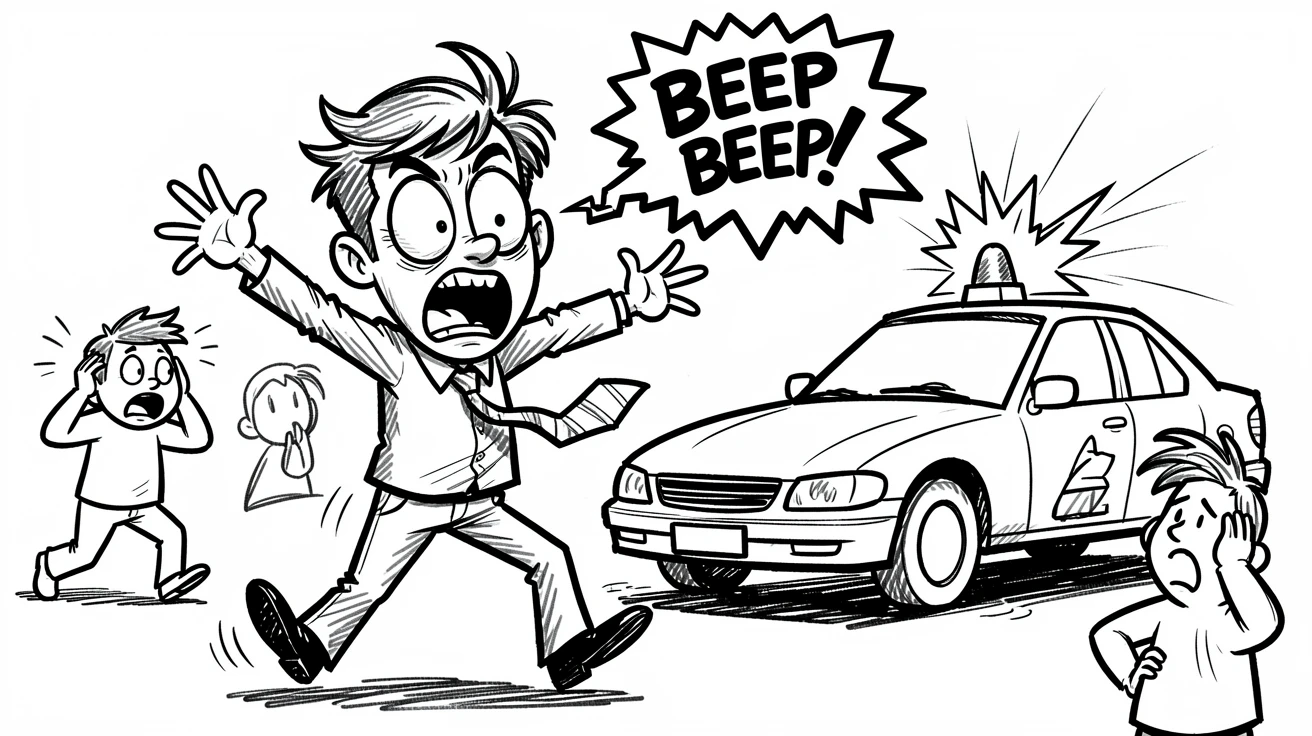 [Funny & Exaggerated Situations] Comical scene of a startled office worker accidentally setting off a car alarm, exaggerated for maximum laughs