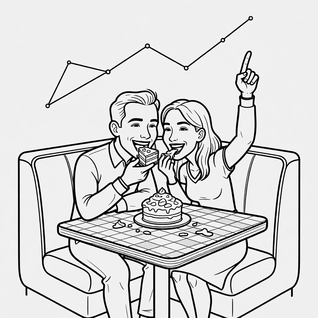 A couple feeding each other messy bites of cake, pointing up at the same constellation at the same time, set at a retro diner booth. Cake crumbs are scattered across the tablecloth. The scene feels like a love story told through small moments.