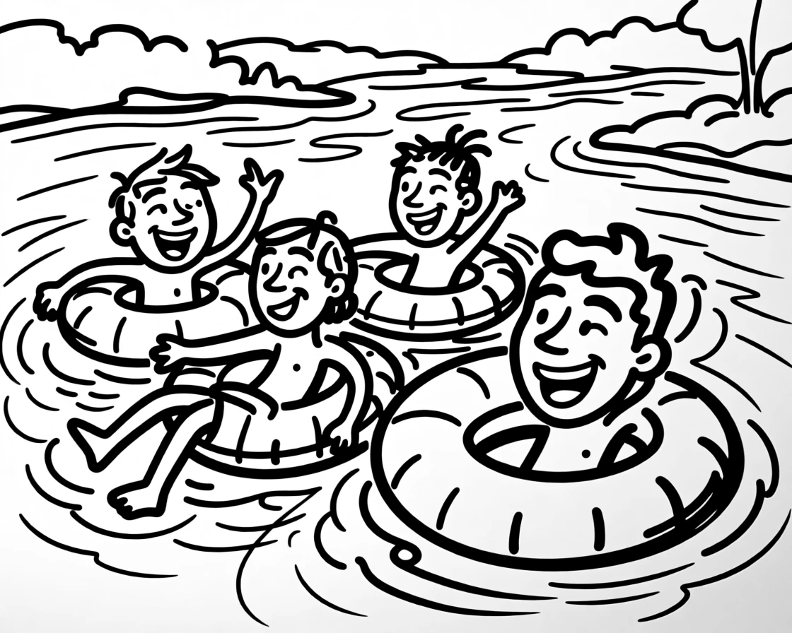 A group of friends floating on inner tubes down a lazy river, laughing together.