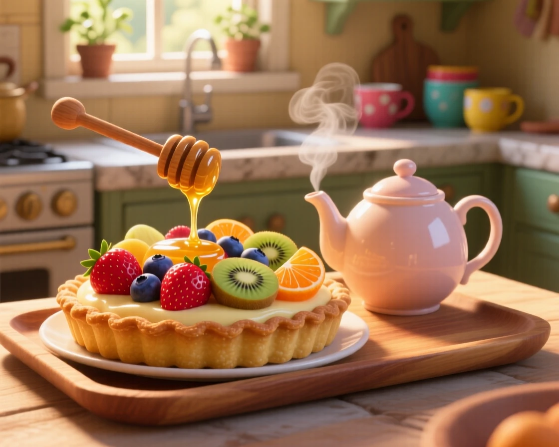 A fresh fruit tart with glossy glaze sits on a tray beside a steaming teapot, with honey drizzling slowly over the top. The scene feels inviting, warm, and delicious.