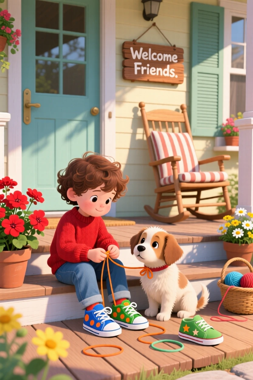 In a cozy front porch, a child and a lost puppy bond over teaching each other to tie their shoelaces, as a new friendship quietly begins.
