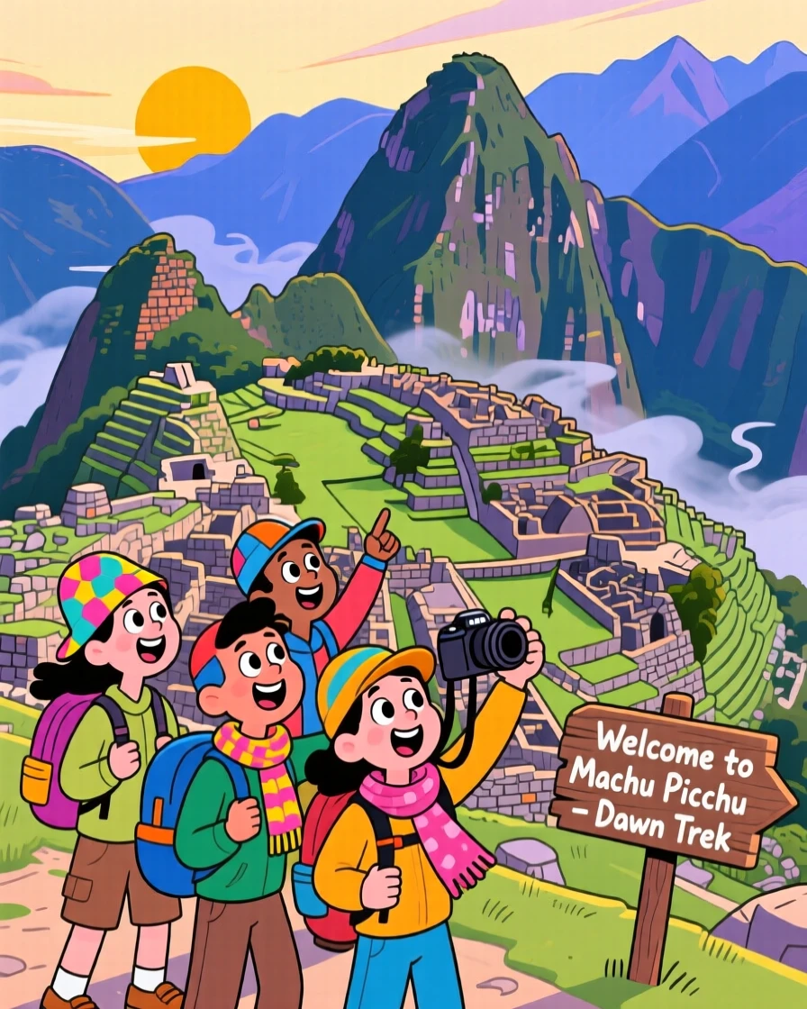 Travelers marveling at the terraced ruins of Machu Picchu at dawn.