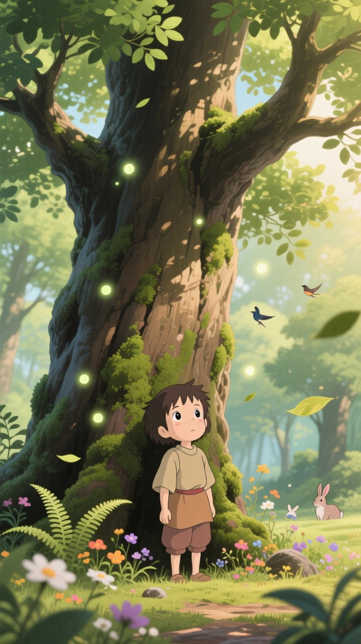 A tender moment of a child looking up in wonder at a giant, ancient tree, the scene quietly moving.