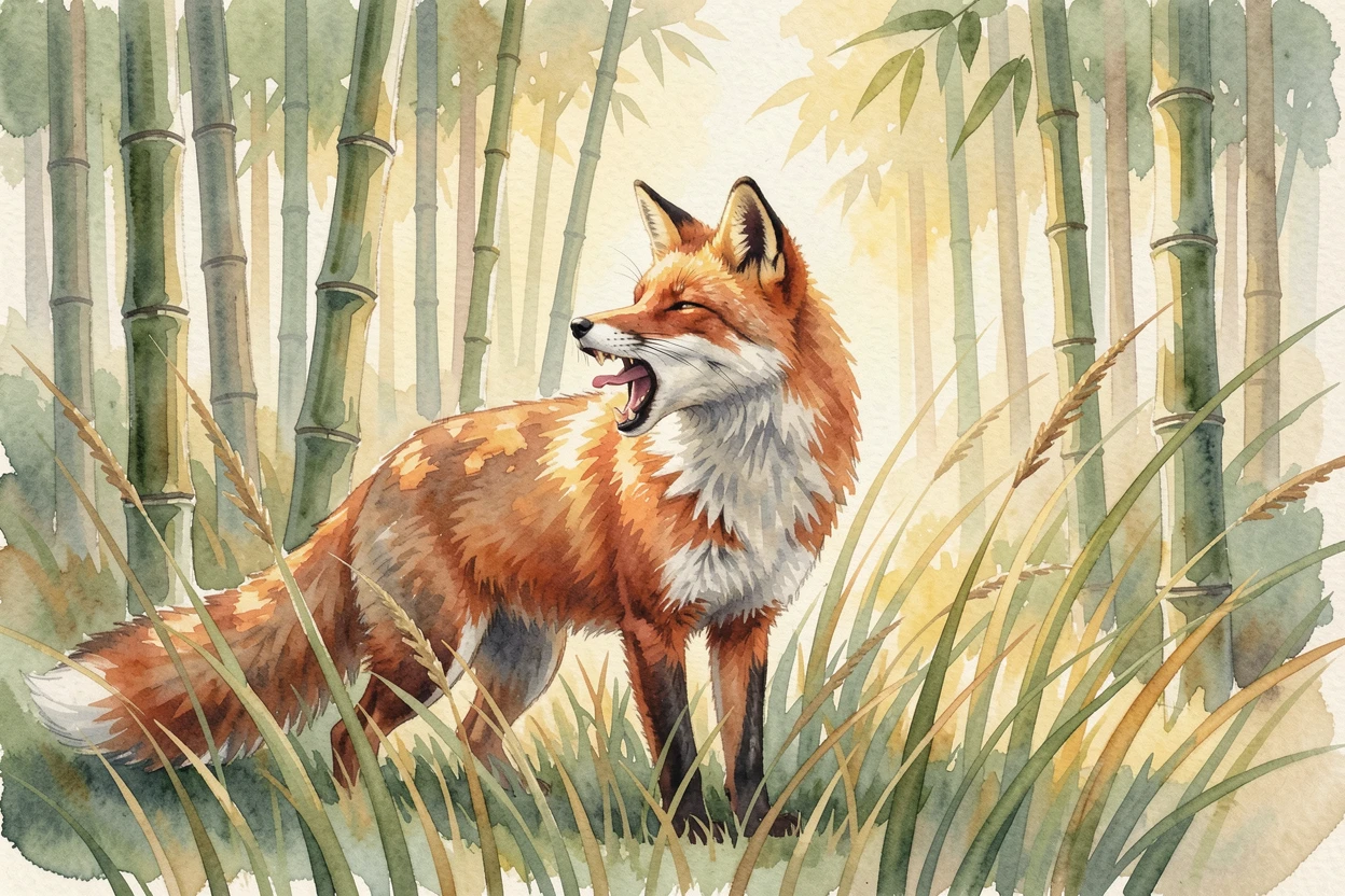 A red fox in tall grass in a peaceful bamboo forest mid-yawn and stretching.