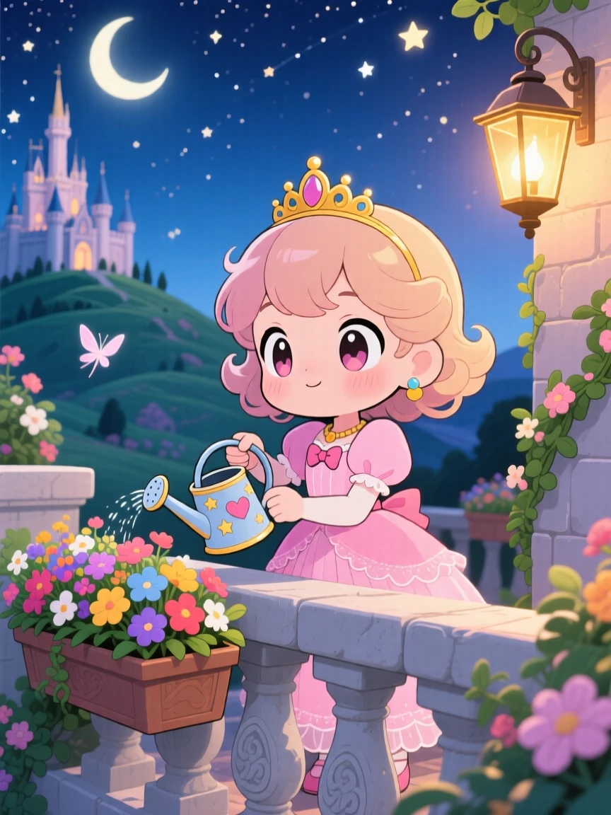 Extreme close-up: a young princess, watering flower boxes on a castle balcony, set against a fairy-tale hilltop castle under a starry midsummer night sky, with warm lamplight and a mood of wide-eyed wonder.