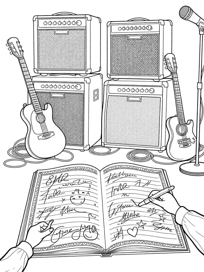 A yearbook page filled with signatures and doodles, with amplifiers stacked in the background.