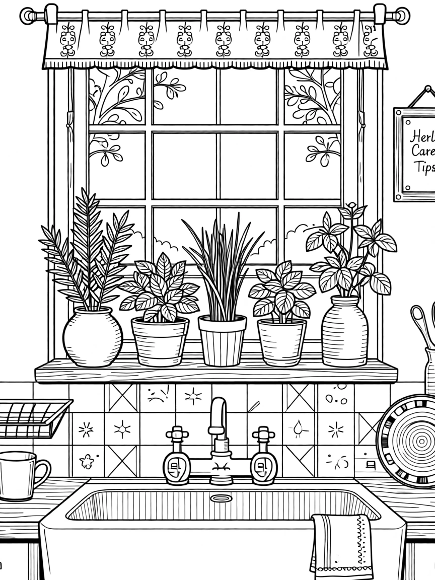A cozy kitchen herb garden on a sunny windowsill above the sink.
