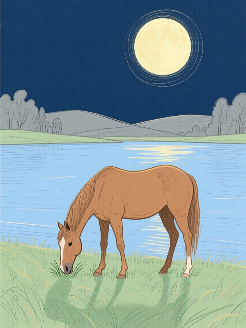 A grazing horse playing beside a still lake under a full moon.