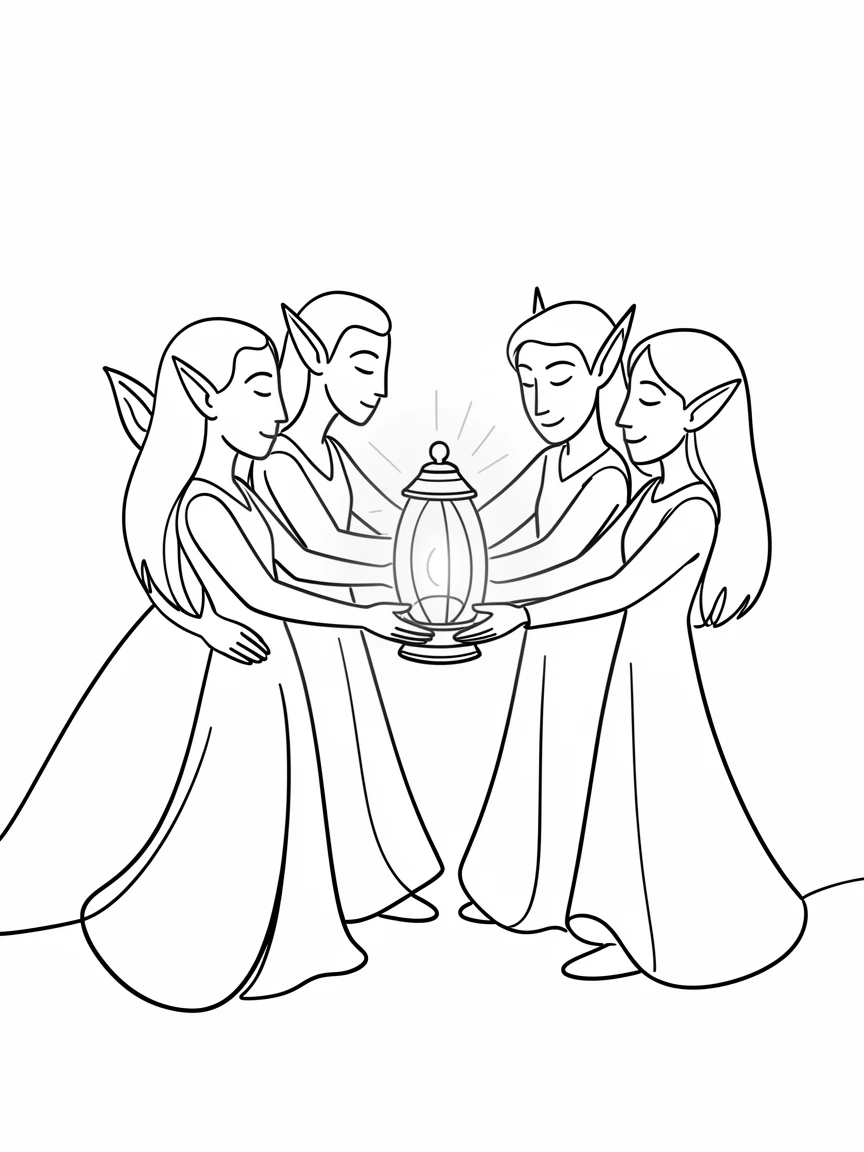 A group of woodland elves gathered around a glowing forest lantern