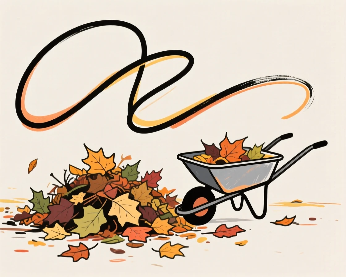 A cozy autumn scene with a pile of raked leaves and a wheelbarrow.