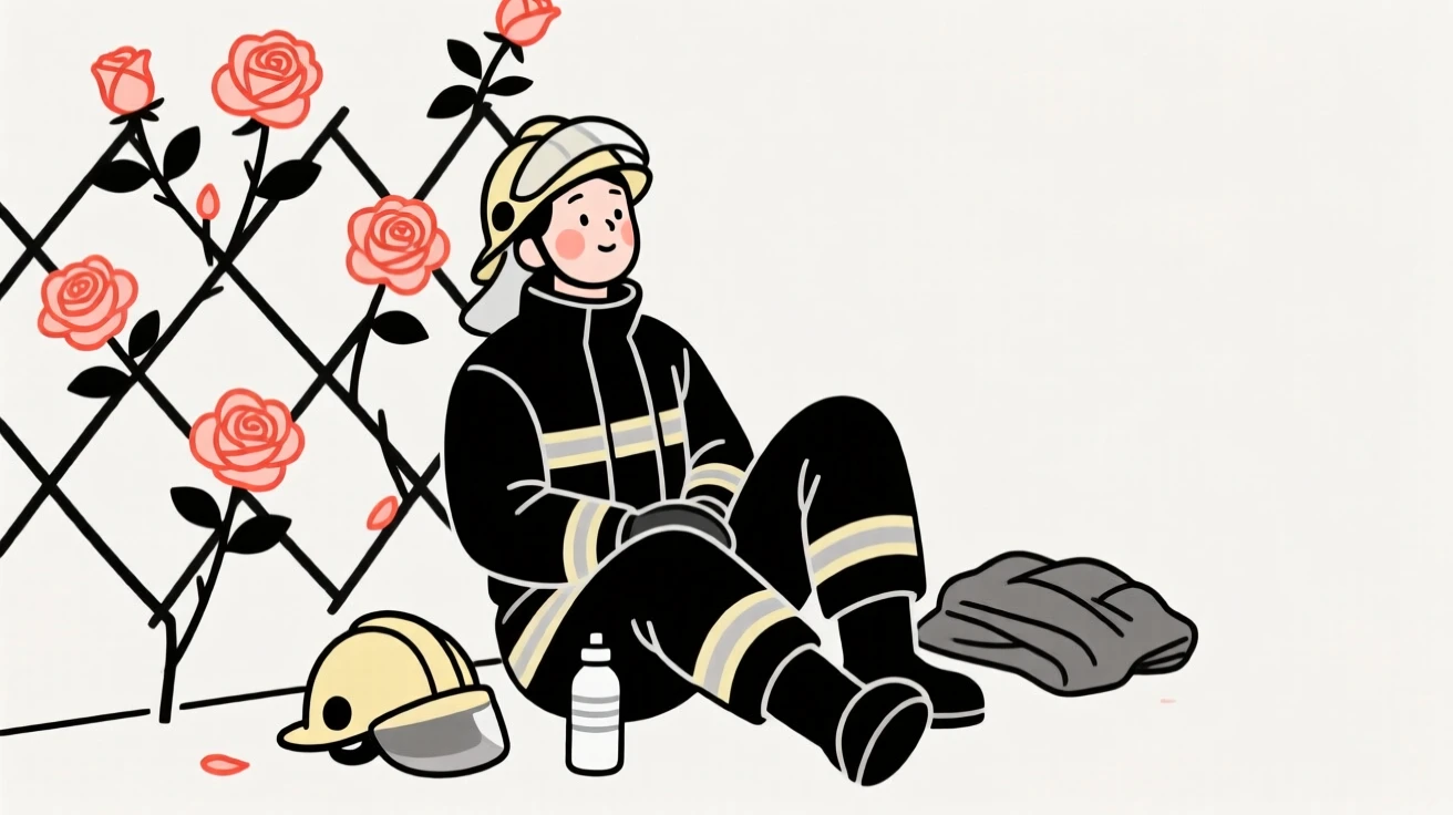 A firefighter resting after a shift beside a blooming rose trellis.