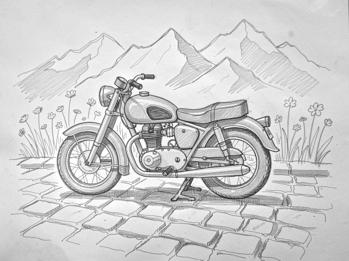 An eye-catching view of a vintage motorcycle parked on a cobblestone street against a backdrop of snow-capped mountains, with wildflowers lining the roadside.