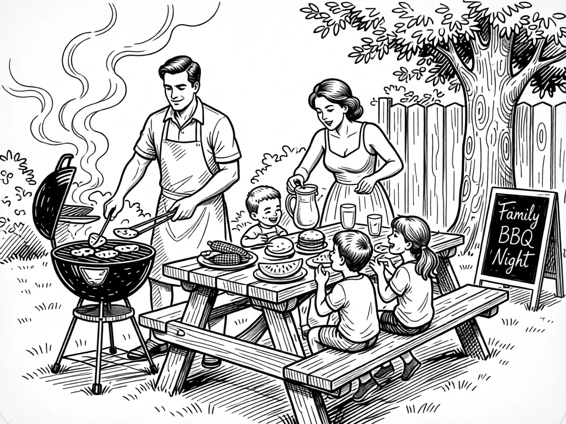 A family enjoying a backyard barbecue on a warm summer evening.