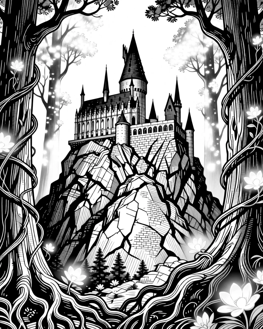 A castle built into the side of a mountain within a forest of towering luminous trees, with vines wrapped with softly glowing blossoms, forming an awe-inspiring and magical fantasy scene.