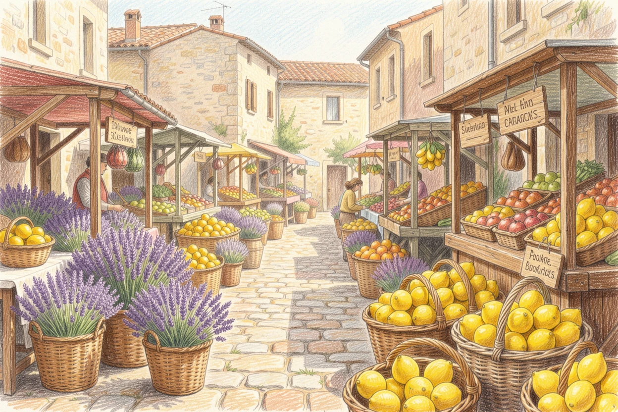A Provencal market square filled with baskets of lavender and lemons, with a gentle play of light and shadow across the composition, radiating comfort, joy, and quiet beauty.